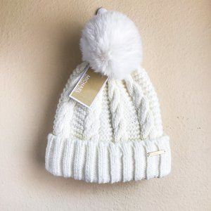 MICHAEL KORS Cream Cable Knit Beanie with Pom Pom | Lined Warm White Winter Hat